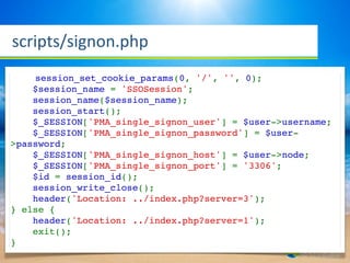 scripts/signon.php
    session_set_cookie_params(0, '/', '', 0);
    $session_name = 'SSOSession';
    session_name($session_name);
    session_start();
    $_SESSION['PMA_single_signon_user'] = $user->username;
    $_SESSION['PMA_single_signon_password'] = $user-
>password;
    $_SESSION['PMA_single_signon_host'] = $user->node;
    $_SESSION['PMA_single_signon_port'] = '3306';
    $id = session_id();
    session_write_close();
    header('Location: ../index.php?server=3');
} else {
    header('Location: ../index.php?server=1');
    exit();
}
 
