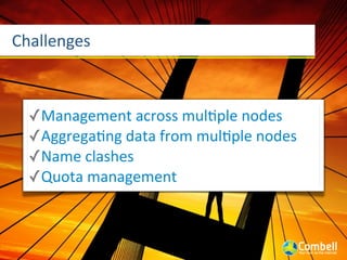 Challenges



  ✓Management	
  across	
  mulaple	
  nodes
  ✓Aggregaang	
  data	
  from	
  mulaple	
  nodes
  ✓Name	
  clashes
  ✓Quota	
  management
 
