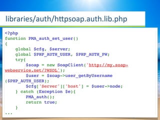libraries/auth/hYpsoap.auth.lib.php
<?php
function PMA_auth_set_user()
{
    global $cfg, $server;
    global $PHP_AUTH_USER, $PHP_AUTH_PW;
    try{
        $soap = new SoapClient('http://my.soap-
webservice.net/?WSDL');
        $user = $soap->user_getByUsername
($PHP_AUTH_USER);
        $cfg['Server']['host'] = $user->node;
    } catch (Exception $e){
        PMA_auth();
        return true;
    }
...
 