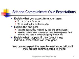 Set and Communicate Your Expectations Explain what you expect from your team To be on time for work To be kind to the customer, etc. Explain the end goal Need to build 2000 widgets by the end of the week Need to build a new house that must be completed in 6 months and here is what it is going to look like Explain what happens if they do not meet individual expectations or team goals You cannot expect the team to meet expectations if they are not communicated to them! 