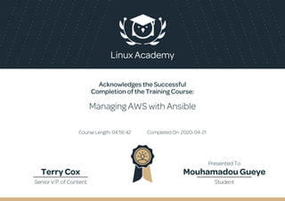 Acknowledges the Successful
Completion of the Training Course:
Managing AWS with Ansible
Course Length: 04:56:42 Completed On: 2020-04-21
Terry Cox Mouhamadou Gueye
Senior V.P. of Content Student
Presented To
 