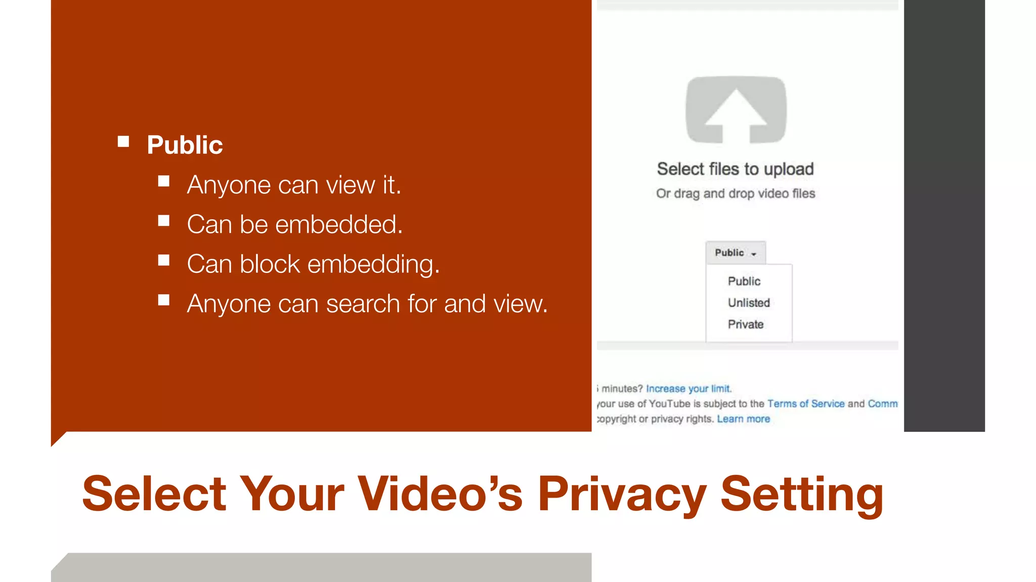 Select Your Video’s Privacy Setting
■ Public
■ Anyone can view it.
■ Can be embedded.
■ Can block embedding.
■ Anyone can search for and view.
 