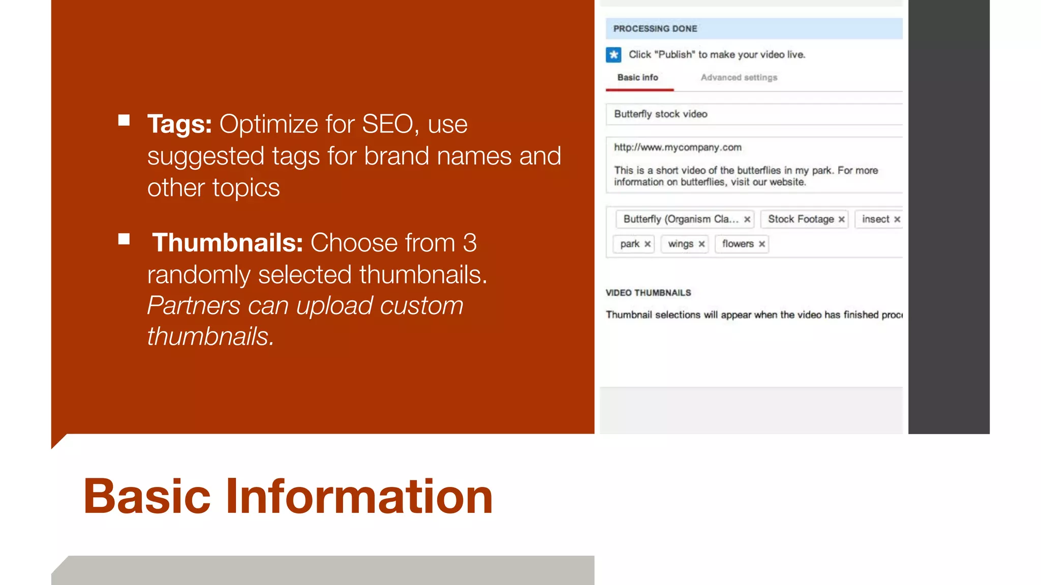 Basic Information
■ Tags: Optimize for SEO, use
suggested tags for brand names and
other topics
■ 	Thumbnails: Choose from 3
randomly selected thumbnails.
Partners can upload custom
thumbnails.
 