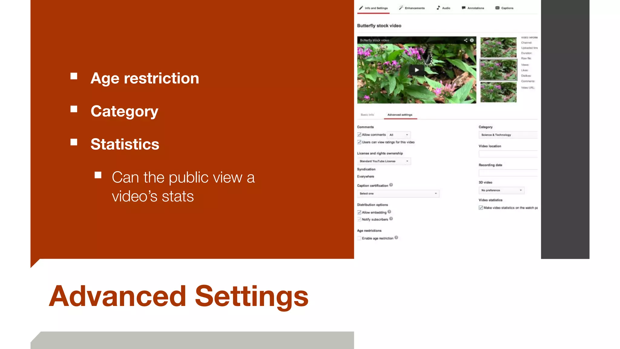 Advanced Settings
■ 	Age restriction
■ 	Category
■ 	Statistics
■ Can the public view a  
video’s stats
 