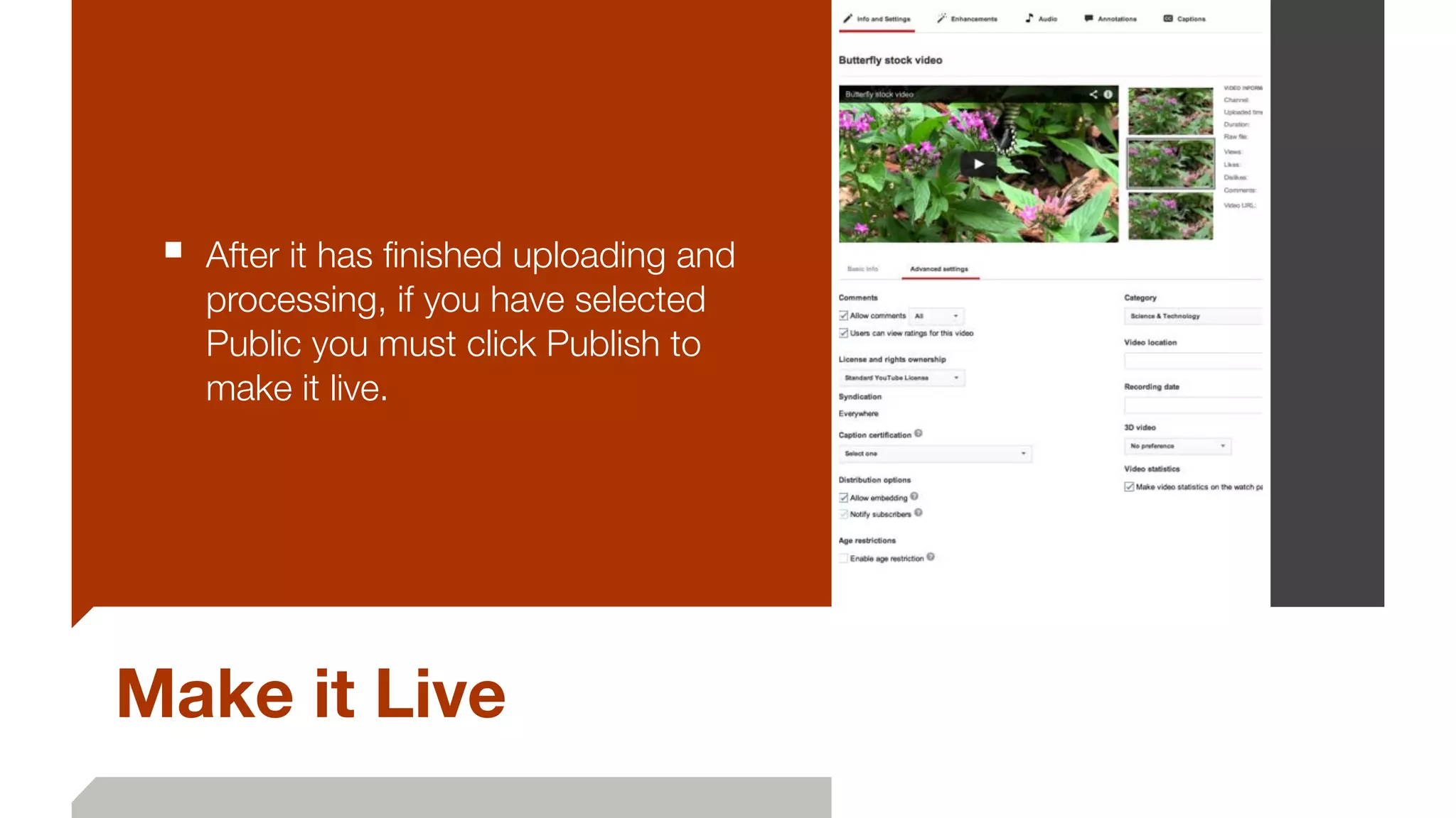 Make it Live
■ After it has ﬁnished uploading and
processing, if you have selected
Public you must click Publish to
make it live.
 