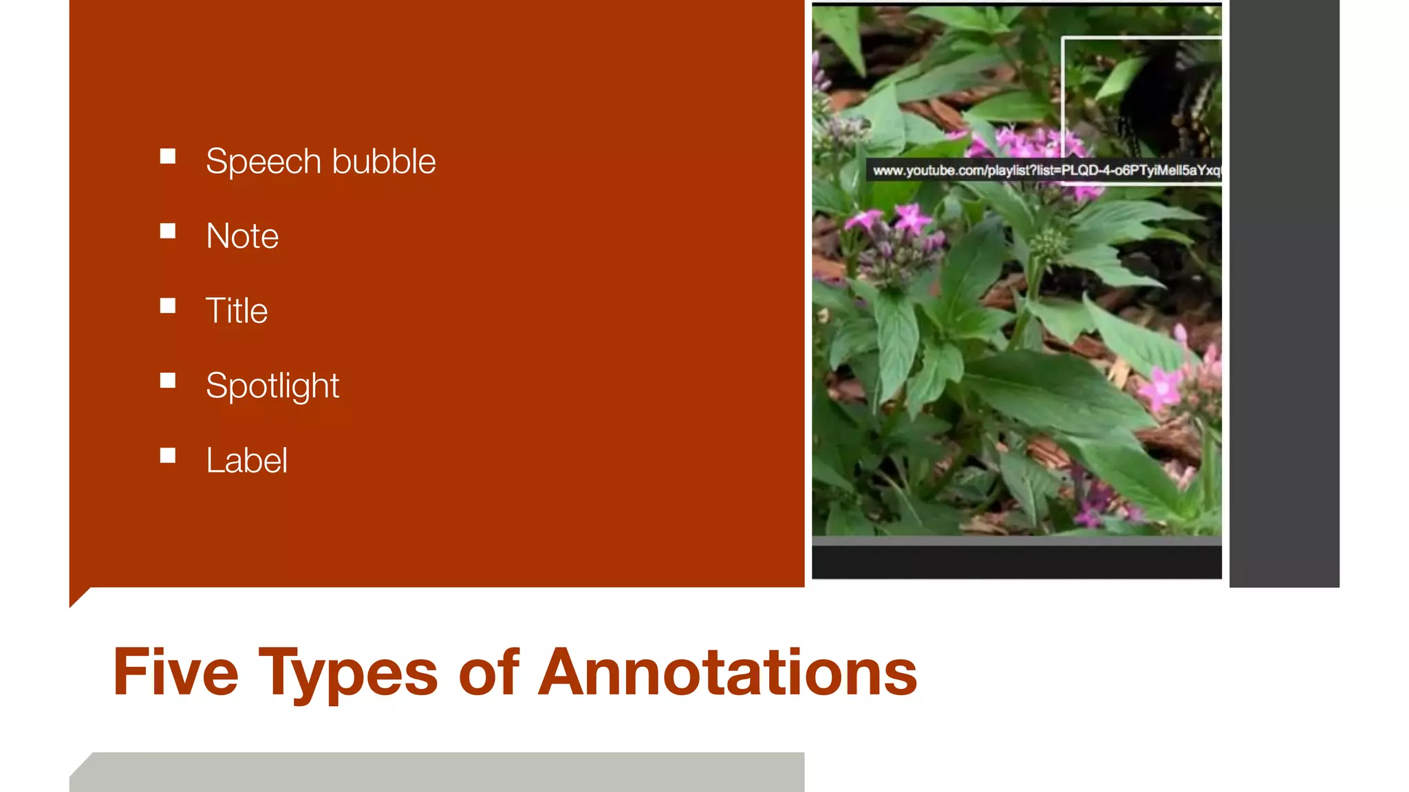 Five Types of Annotations
■ 	Speech bubble
■ 	Note
■ 	Title
■ 	Spotlight
■ 	Label
 