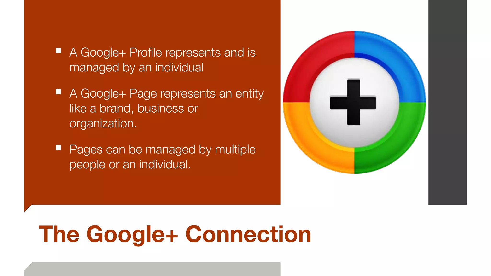 The Google+ Connection
■ A Google+ Proﬁle represents and is
managed by an individual
■ A Google+ Page represents an entity
like a brand, business or
organization.
■ Pages can be managed by multiple
people or an individual.
 