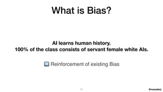 @roesslerj
AI learns human history.
100% of the class consists of servant female white AIs.
➡ Reinforcement of existing Bias
What is Bias?
11
 