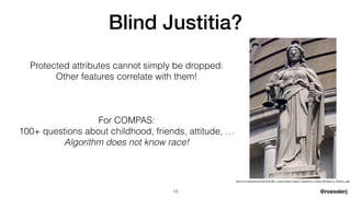 @roesslerj
Protected attributes cannot simply be dropped:


Other features correlate with them!


For COMPAS:


100+ questions about childhood, friends, attitude, …


Algorithm does not know race!
Blind Justitia?
13
https://en.wikipedia.org/wiki/File:HK_Central_Statue_Square_Legislative_Council_Building_n_Themis_s.jpg
 