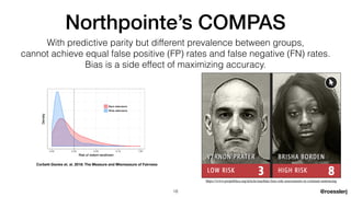 @roesslerj
Northpointe’s COMPAS
With predictive parity but different prevalence between groups,


cannot achieve equal false positive (FP) rates and false negative (FN) rates.


Bias is a side effect of maximizing accuracy.
Corbett-Davies et. al. 2018: The Measure and Mismeasure of Fairness
18
https://www.propublica.org/article/machine-bias-risk-assessments-in-criminal-sentencing
 