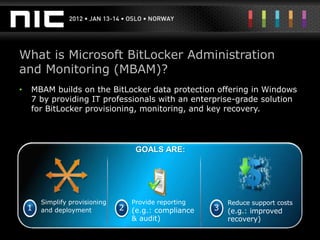 What is Microsoft BitLocker Administration
and Monitoring (MBAM)?
•   MBAM builds on the BitLocker data protection offering in Windows
    7 by providing IT professionals with an enterprise-grade solution
    for BitLocker provisioning, monitoring, and key recovery.




                                    GOALS ARE:




        Simplify provisioning      Provide reporting       Reduce support costs
    1   and deployment          2 (e.g.: compliance    3   (e.g.: improved
                                   & audit)                recovery)
 