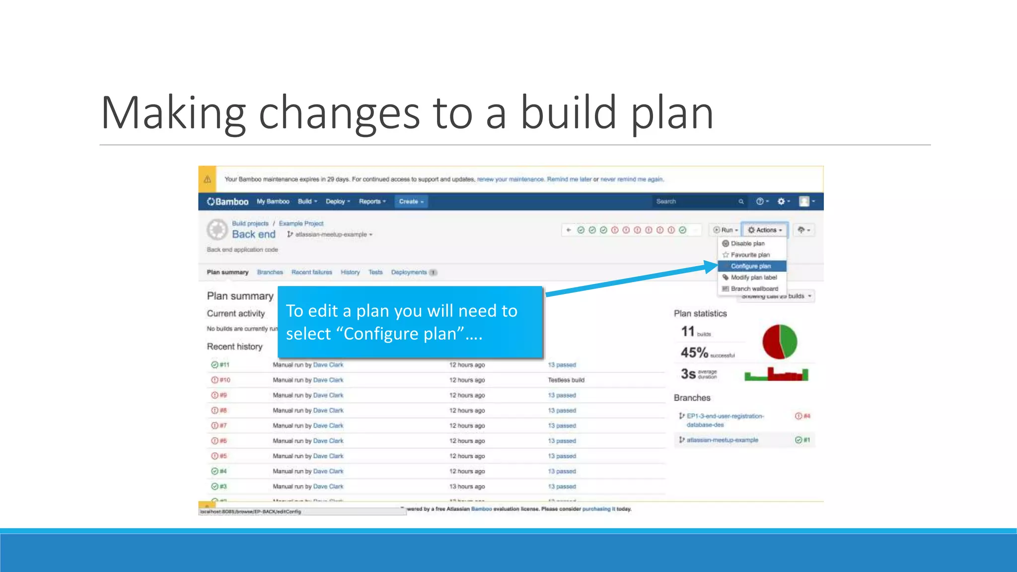 Making changes to a build plan
To edit a plan you will need to
select “Configure plan”….
 