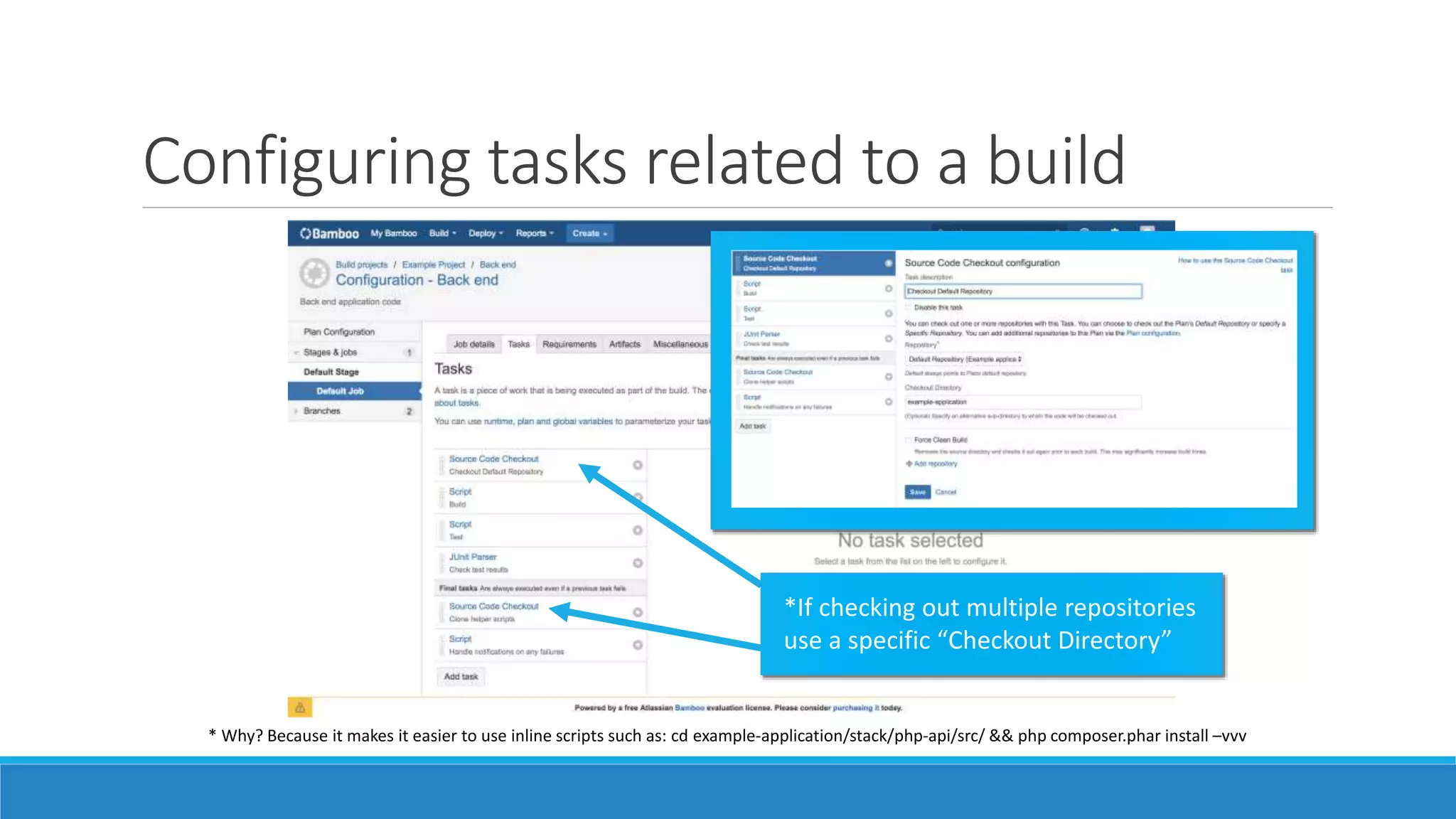 Configuring tasks related to a build
*If checking out multiple repositories
use a specific “Checkout Directory”
* Why? Because it makes it easier to use inline scripts such as: cd example-application/stack/php-api/src/ && php composer.phar install –vvv
 