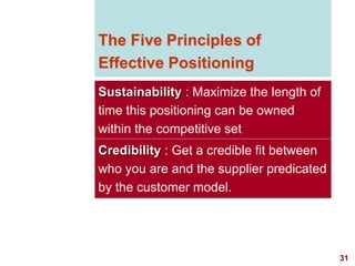 31
visit: www.studyMarketing.org
The Five Principles of
Effective Positioning
Sustainability : Maximize the length of
time...
