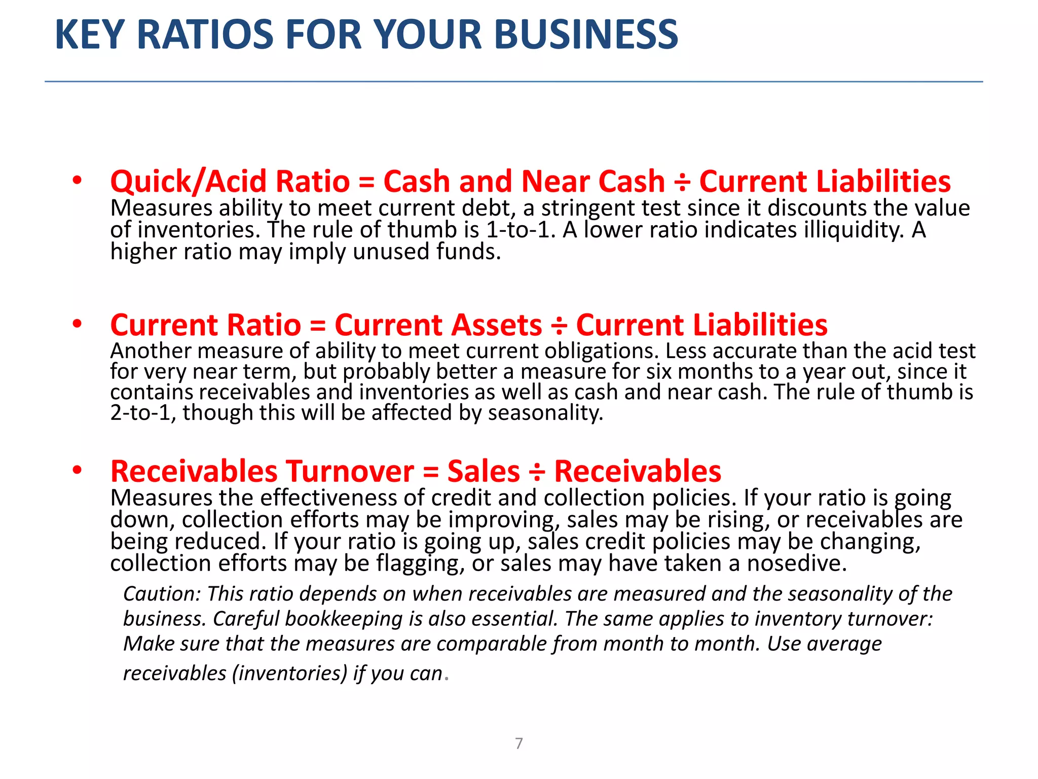7
KEY RATIOS FOR YOUR BUSINESS
• Quick/Acid Ratio = Cash and Near Cash ÷ Current Liabilities
Measures ability to meet current debt, a stringent test since it discounts the value
of inventories. The rule of thumb is 1-to-1. A lower ratio indicates illiquidity. A
higher ratio may imply unused funds.
• Current Ratio = Current Assets ÷ Current Liabilities
Another measure of ability to meet current obligations. Less accurate than the acid test
for very near term, but probably better a measure for six months to a year out, since it
contains receivables and inventories as well as cash and near cash. The rule of thumb is
2-to-1, though this will be affected by seasonality.
• Receivables Turnover = Sales ÷ Receivables
Measures the effectiveness of credit and collection policies. If your ratio is going
down, collection efforts may be improving, sales may be rising, or receivables are
being reduced. If your ratio is going up, sales credit policies may be changing,
collection efforts may be flagging, or sales may have taken a nosedive.
Caution: This ratio depends on when receivables are measured and the seasonality of the
business. Careful bookkeeping is also essential. The same applies to inventory turnover:
Make sure that the measures are comparable from month to month. Use average
receivables (inventories) if you can.
 