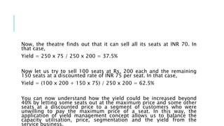 Now, the theatre finds out that it can sell all its seats at INR 70. In
that case,
Yield = 250 x 75 / 250 x 200 = 37.5%
Now let us try to sell 100 seats at Rs. 200 each and the remaining
150 seats at a discounted rate of INR 75 per seat. In that case,
Yield = (100 x 200 + 150 x 75) / 250 x 200 = 62.5%
You can now understand how the yield could be increased beyond
40% by letting some seats out at the maximum price and some other
seats at a discounted price to a segment of customers who were
unwilling to pay the maximum price of a seat. In this way, the
application of yield management concept allows us to balance the
capacity utilisation, price, segmentation and the yield from the
service business.
 