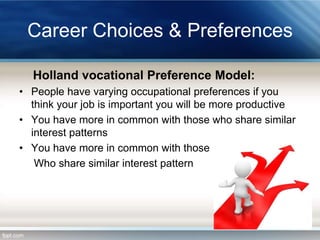 Career Choices & Preferences
Holland vocational Preference Model:
• People have varying occupational preferences if you
think your job is important you will be more productive
• You have more in common with those who share similar
interest patterns
• You have more in common with those
Who share similar interest pattern

 