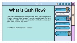 PART I
Cash flow is the money that streams in and out of the business—and
it’s a key indicator of the company’s overall financial health. The term
cash flow is used to describe the amount of cash that is generated or
spent within a certain time frame.
1 2 3 4 5
What is Cash Flow?
Importance of Cash
Flow
Managing Cash Flow
Managing Cash Flow
How to Calculate Cash
Flow
Presenters
Cash flow is the lifeblood of a business.
 