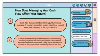 PART I
Cash flow management is vital to your business’s
success. If you can accurately project cash flow, you will
steer your company in the right direction
1
Every business has high and low seasons; understanding
upcoming expenses for employee overtime, replacement
equipment and other needs goes a long way to ensure your
business is well positioned to handle any bump in the road.
2
1 2 3 4 5
What is Cash Flow?
Importance of Cash
Flow
Managing Cash Flow
Managing Cash Flow
How to Calculate Cash
Flow
Presenters
 