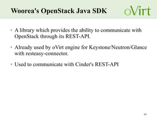 14
Woorea's OpenStack Java SDK
● A library which provides the ability to communicate with
OpenStack through its REST-API.
● Already used by oVirt engine for Keystone/Neutron/Glance
with resteasy-connector.
● Used to communicate with Cinder's REST-API
 