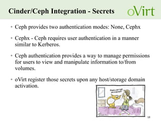 18
Cinder/Ceph Integration - Secrets
● Ceph provides two authentication modes: None, Cephx
● Cephx - Ceph requires user authentication in a manner
similar to Kerberos.
● Ceph authentication provides a way to manage permissions
for users to view and manipulate information to/from
volumes.
● oVirt register those secrets upon any host/storage domain
activation.
 