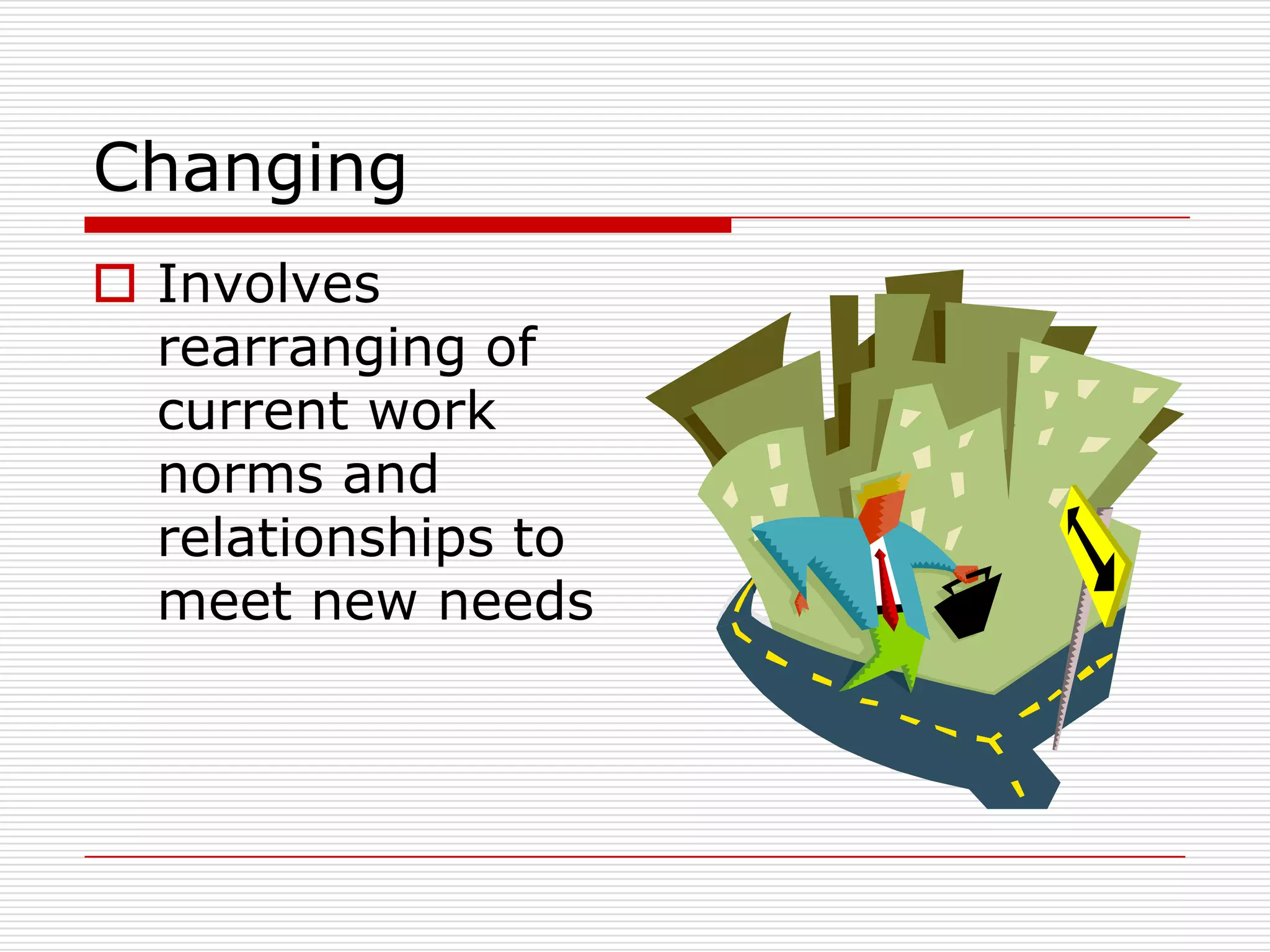 Changing
 Involves
  rearranging of
  current work
  norms and
  relationships to
  meet new needs
 