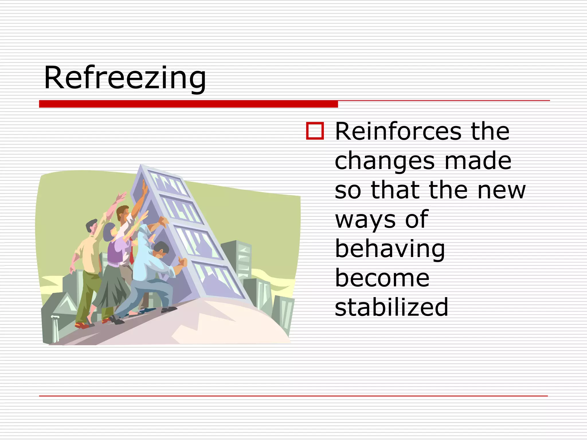 Refreezing
              Reinforces the
               changes made
               so that the new
               ways of
               behaving
               become
               stabilized
 