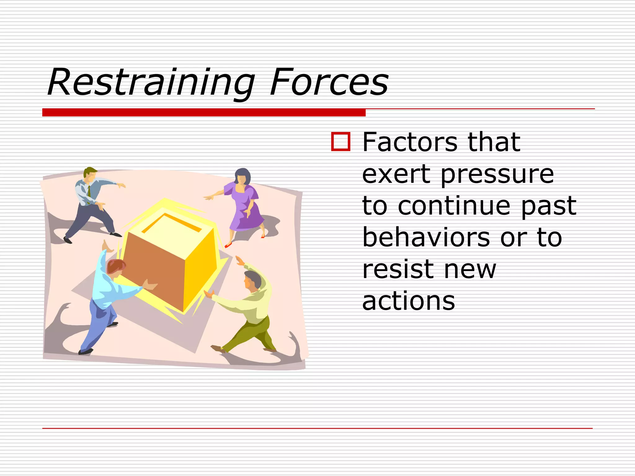Restraining Forces
               Factors that
                exert pressure
                to continue past
                behaviors or to
                resist new
                actions
 