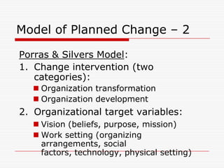 Model of Planned Change – 2

Porras & Silvers Model:
1. Change intervention (two
   categories):
   Organization transformation
   Organization development
2. Organizational target variables:
   Vision (beliefs, purpose, mission)
   Work setting (organizing
    arrangements, social
    factors, technology, physical setting)
 