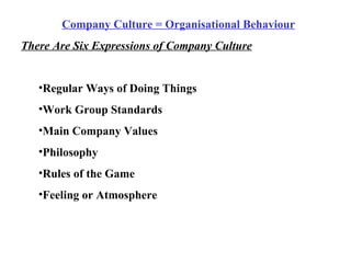 Company Culture = Organisational Behaviour There Are Six Expressions of Company Culture Regular Ways of Doing Things Work Group Standards Main Company Values Philosophy Rules of the Game Feeling or Atmosphere 