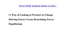 Force Field Analysis (Kurt Lewin ) A Way of Looking at Pressure to Change Driving Forces Versus Restraining Forces Equilibrium 