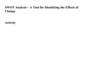 SWOT Analysis – A Tool for Identifying the Effects of Change Activity 