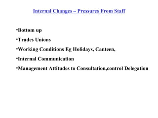Internal Changes – Pressures From Staff Bottom up Trades Unions Working Conditions Eg Holidays, Canteen, Internal Communication Management Attitudes to Consultation,control Delegation 
