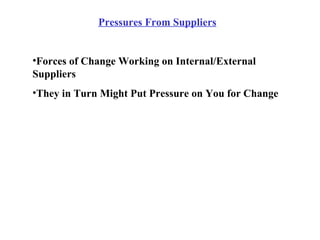 <ul><li>Pressures From Suppliers </li></ul><ul><ul><li>Forces of Change Working on Internal/External Suppliers </li></ul><...