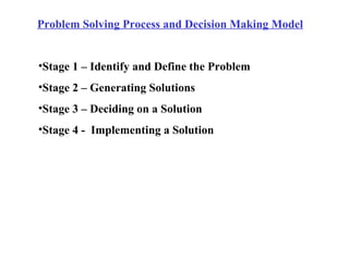 <ul><li>Problem Solving Process and Decision Making Model </li></ul><ul><ul><li>Stage 1 – Identify and Define the Problem ...