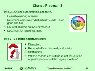 May 2014 "People Management Simplified" 12
Change Process - 2
Step 2 - Analyse the existing scenario.
 Evaluate existing scenario.
 Determine objectively what actually exists – both
good and bad.
 Do swot analysis on system/process.
 Document for reference later.
Step 3 - Consider negative factors
 Disruption.
 Reduced efficiencies and productivity.
 Staff morale.
 Will the change add sufficient real value to the
organisation to offset the negative factors?
 