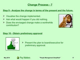 May 2014 "People Management Simplified" 17
Step 9 - Analyse the change in terms of the present and the future.
Change Process - 7
Step 10 - Obtain preliminary approval
 Visualise the change implemented.
 Ask what would happen if you did nothing.
 Does the envisaged change make a worthwhile
contribution?
 Present the plan to board/executive for
preliminary approval.
 