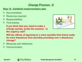 May 2014 "People Management Simplified" 19
Step 12 - Establish implementation plan
Change Process - 9
 Documentation.
 Resources required.
 Responsibilities.
 Time frames.
If you think that you need to make a
change quickly, probe the reasons - is
the urgency real?
Will the effects of agreeing to a more sensible time-frame really
be more disastrous than possibly presiding over a disastrous
change?
 Measures and milestones.
 Communication.
 