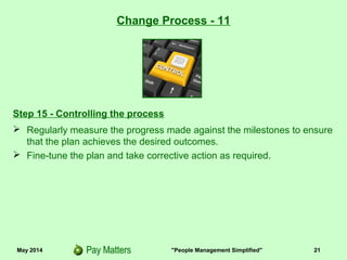 May 2014 "People Management Simplified" 21
Change Process - 11
 Regularly measure the progress made against the milestones to ensure
that the plan achieves the desired outcomes.
 Fine-tune the plan and take corrective action as required.
Step 15 - Controlling the process
 