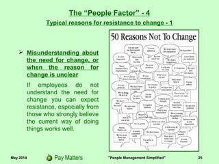 May 2014 "People Management Simplified" 25
Typical reasons for resistance to change - 1
The “People Factor” - 4
 Misunderstanding about
the need for change, or
when the reason for
change is unclear
If employees do not
understand the need for
change you can expect
resistance, especially from
those who strongly believe
the current way of doing
things works well.
 