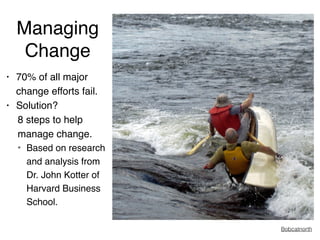 Managing 
Change 
• 70% of all major 
change efforts fail.! 
• Solution? ! 
8 steps to help 
manage change. ! 
✴ Based on ...
