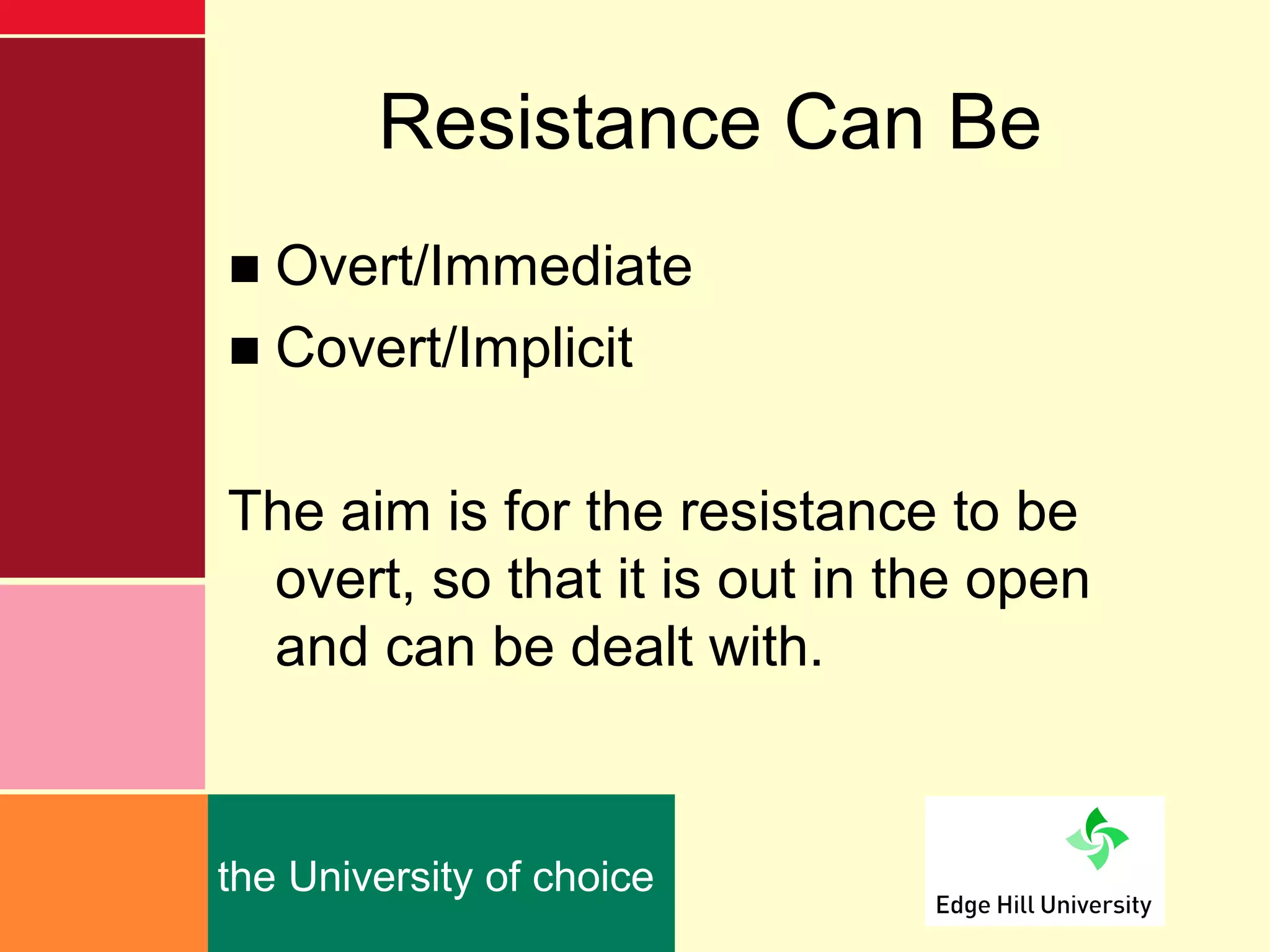 Resistance Can Be
■ Overt/Immediate
■ Covert/Implicit

The aim is for the resistance to be
 overt, so that it is out in the open
 and can be dealt with.


the University of choice
 