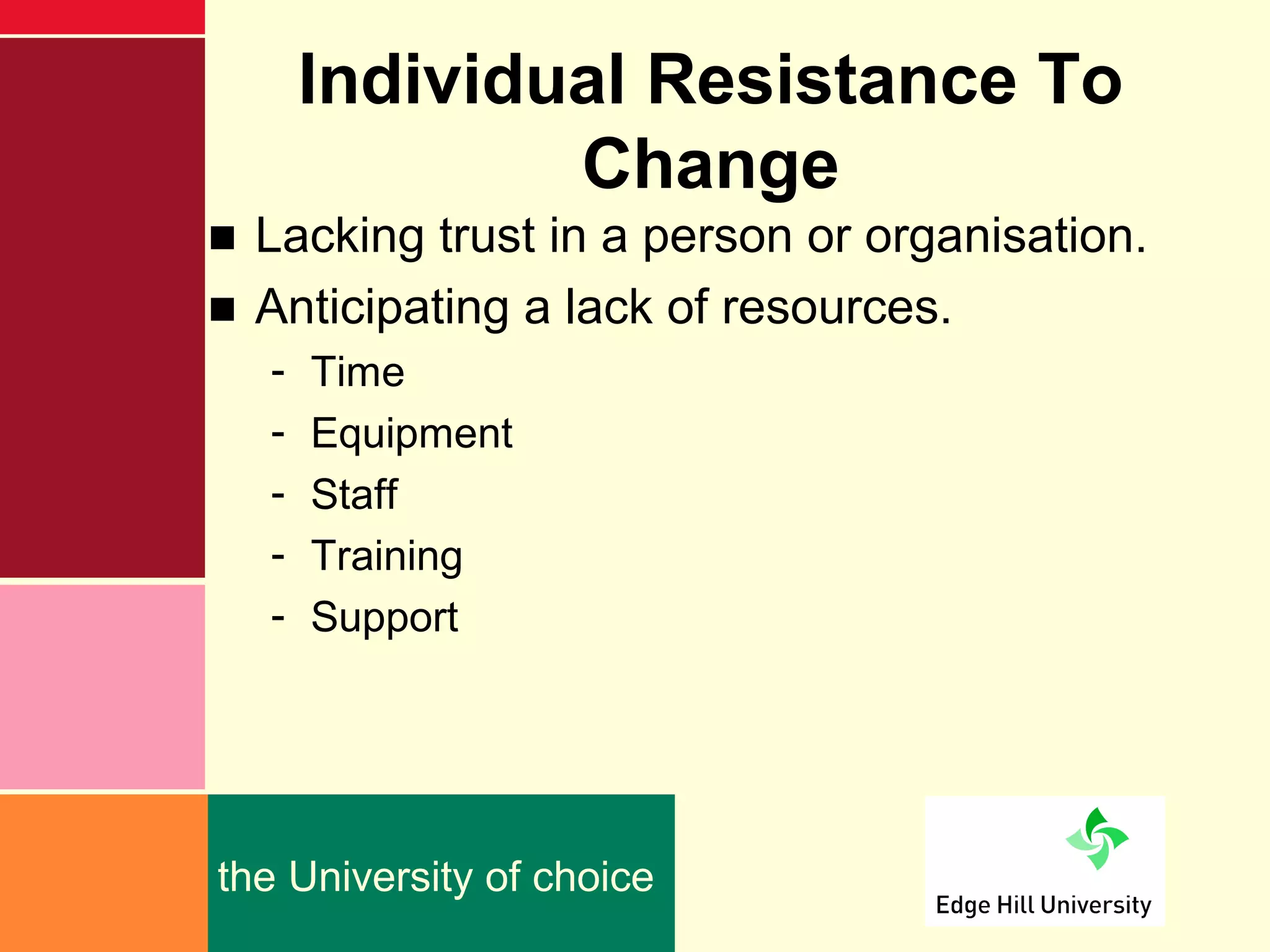 Individual Resistance To
              Change
■ Lacking trust in a person or organisation.
■ Anticipating a lack of resources.
  -   Time
  -   Equipment
  -   Staff
  -   Training
  -   Support




the University of choice
 