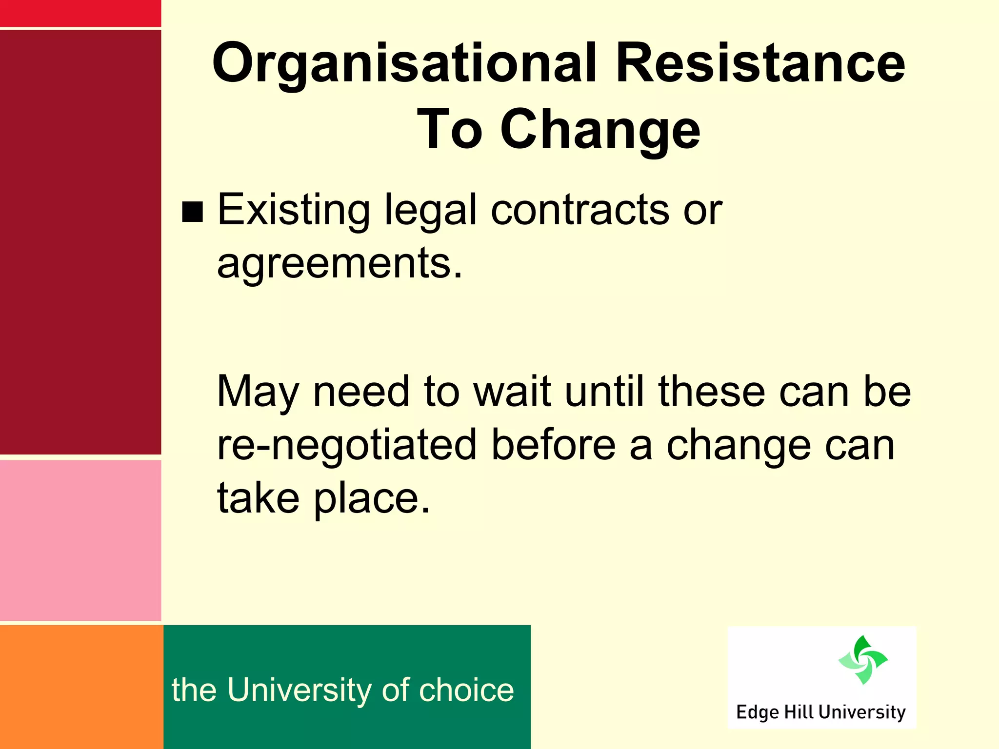 Organisational Resistance
         To Change
■ Existing legal contracts or
  agreements.

   May need to wait until these can be
   re-negotiated before a change can
   take place.



the University of choice
 