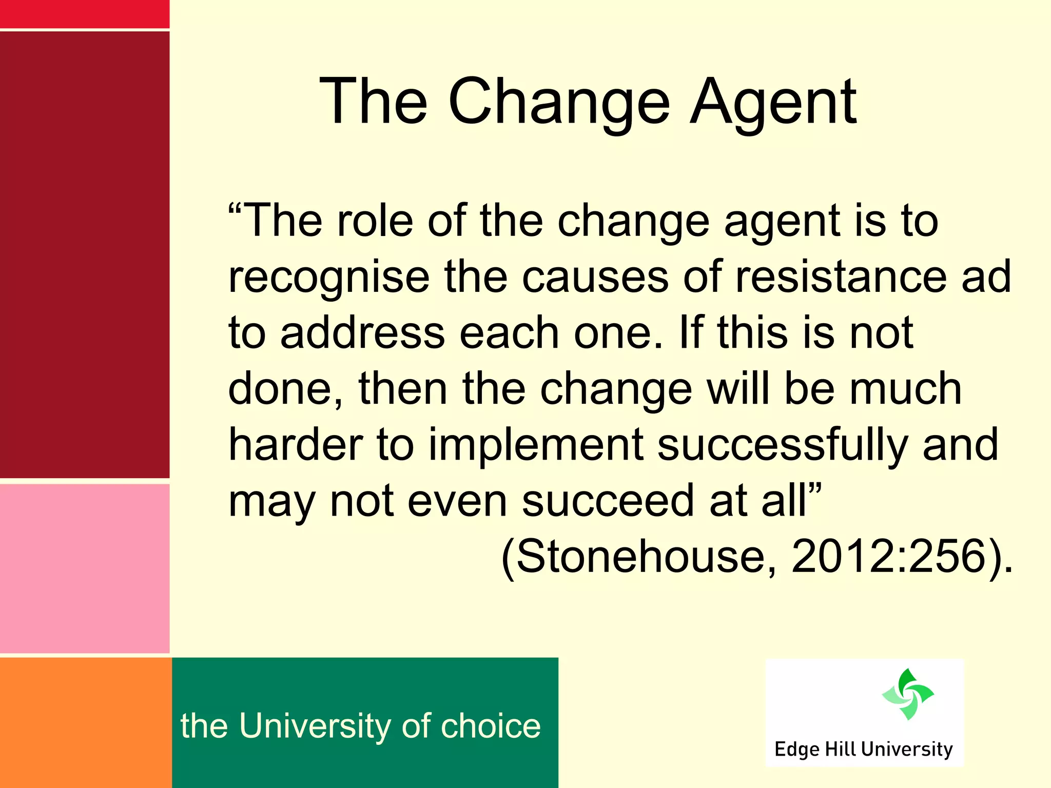 The Change Agent
   “The role of the change agent is to
   recognise the causes of resistance ad
   to address each one. If this is not
   done, then the change will be much
   harder to implement successfully and
   may not even succeed at all”
                 (Stonehouse, 2012:256).


the University of choice
 