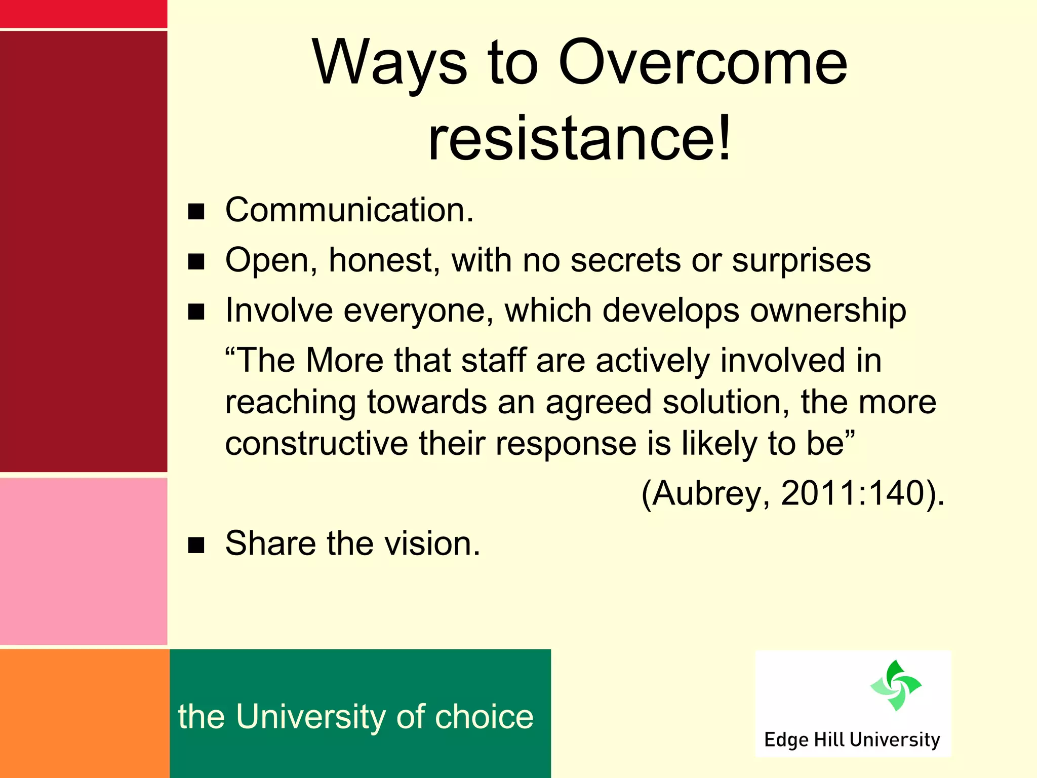 Ways to Overcome
           resistance!
■ Communication.
■ Open, honest, with no secrets or surprises
■ Involve everyone, which develops ownership
  “The More that staff are actively involved in
  reaching towards an agreed solution, the more
  constructive their response is likely to be”
                              (Aubrey, 2011:140).
■ Share the vision.




the University of choice
 