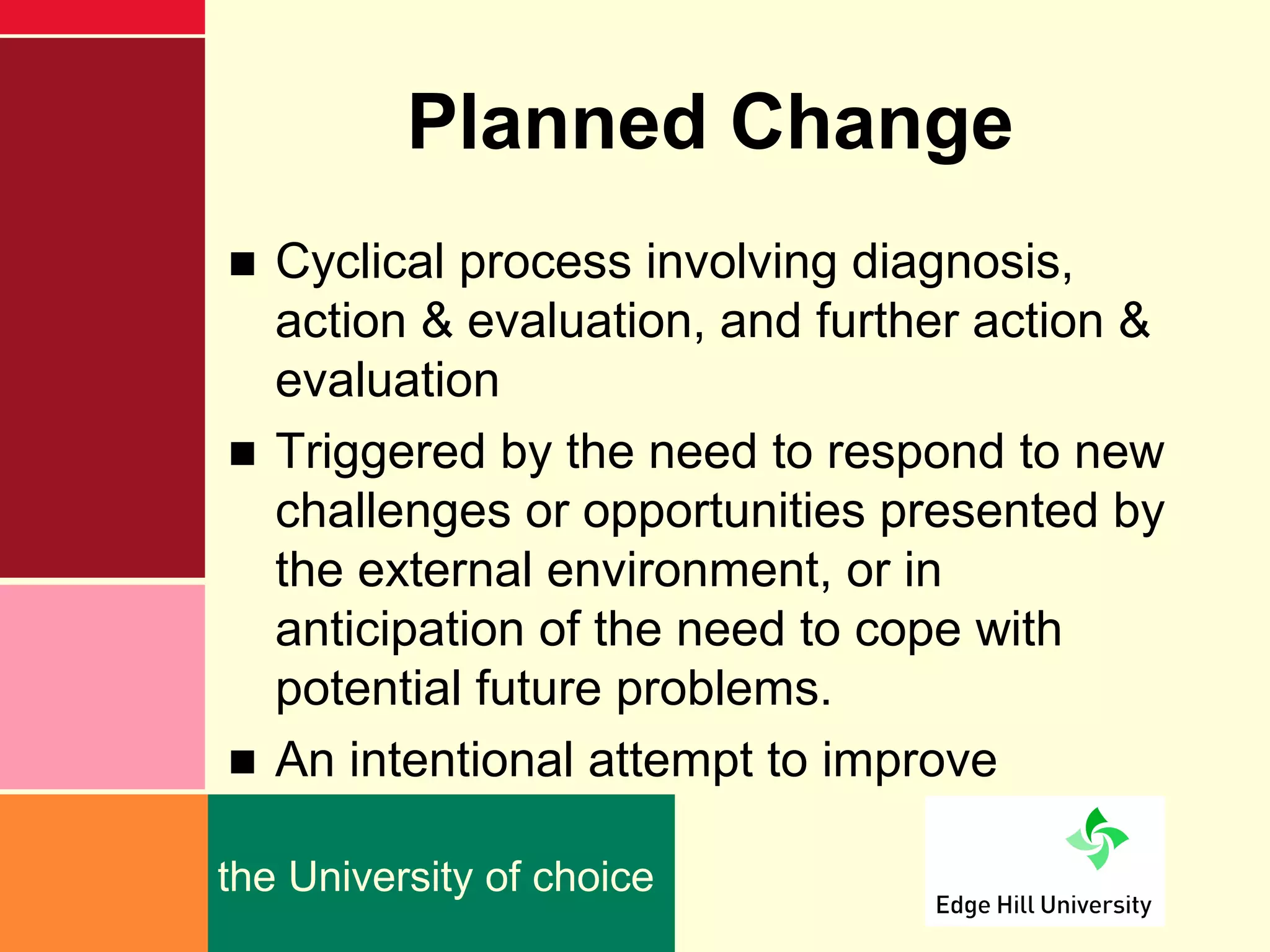 Planned Change
■ Cyclical process involving diagnosis,
  action & evaluation, and further action &
  evaluation
■ Triggered by the need to respond to new
  challenges or opportunities presented by
  the external environment, or in
  anticipation of the need to cope with
  potential future problems.
■ An intentional attempt to improve

the University of choice
 