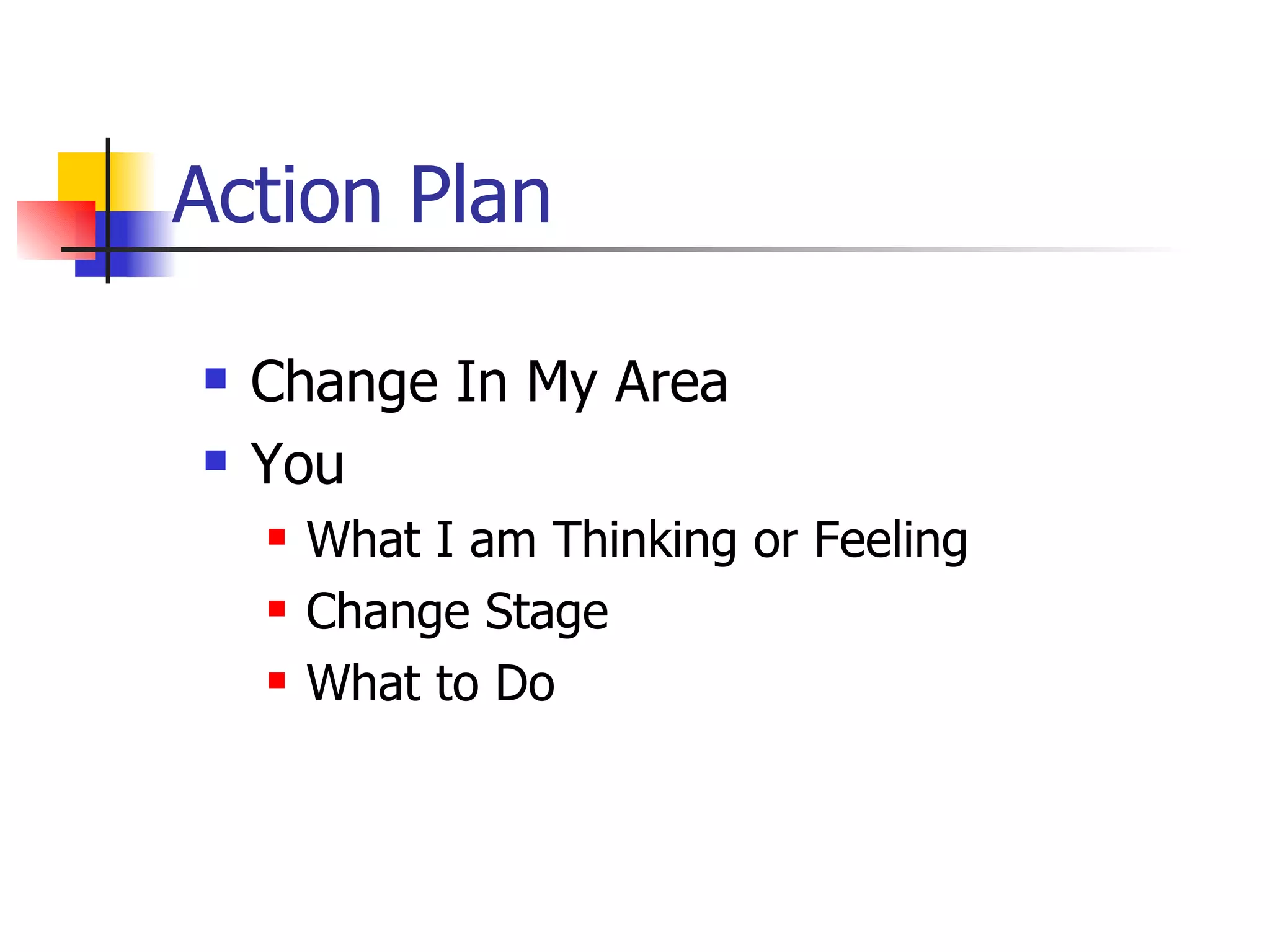 Action Plan Change In My Area You What I am Thinking or Feeling Change Stage What to Do 