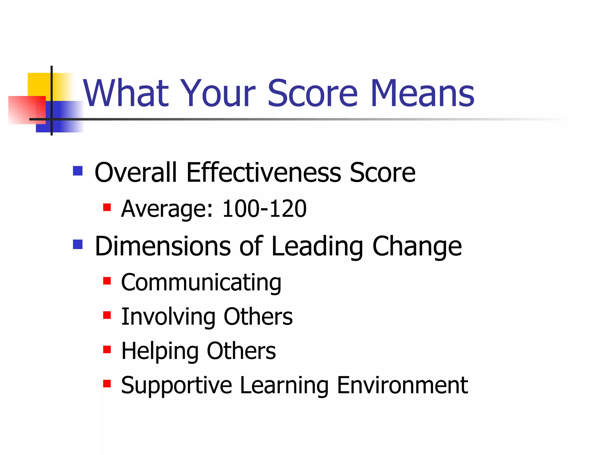 What Your Score Means Overall Effectiveness Score Average: 100-120 Dimensions of Leading Change Communicating Involving Others Helping Others Supportive Learning Environment 
