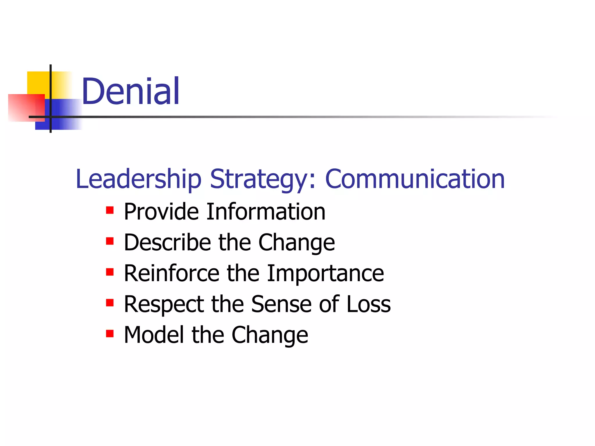 Denial Leadership Strategy: Communication Provide Information Describe the Change Reinforce the Importance Respect the Sense of Loss Model the Change 